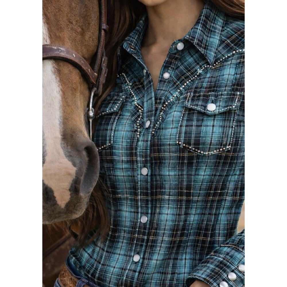 Panhandle Slim Western Plaid Shirt Y2K Goth Grunge Pearl Snap M Boho Rodeo Chics